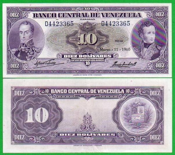 Venezuela 10 Bolivares 1960, P-31d Aunc raro