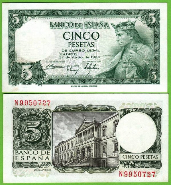 España 5 Pesetas 1954, P-146a.1 Unc