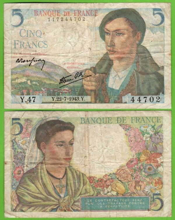Francia 5 Francs 1943, P-98a.5 VF