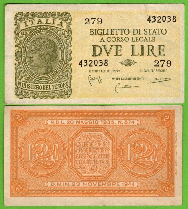 Italia 2 Lire 1944, P-30b XF