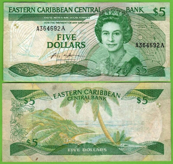 Estados Carineños del Este 5 Dollar 1986, P-18A Prefix-A (Anguila) Vf
