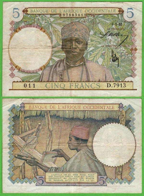Africa Occidental Francesa 5 Francs 1941,P-25a1 VF