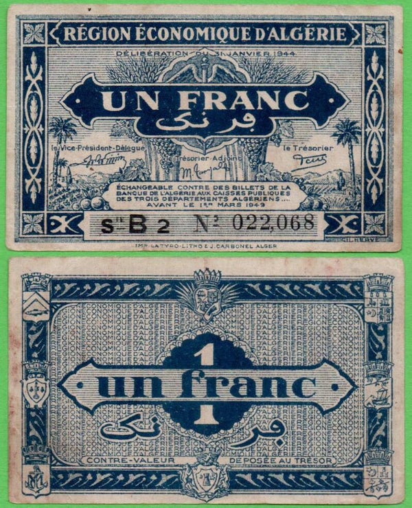 Argelia 1 Franc 1944, P-101a,2 Fina