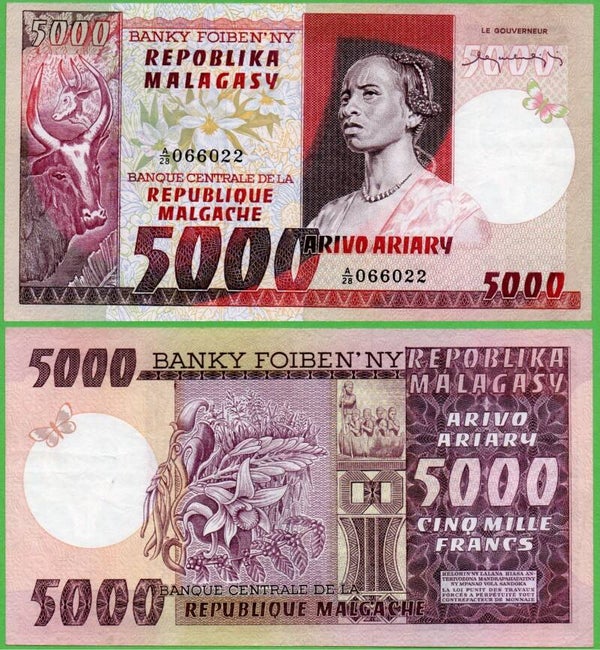 Madagascar 5,000 Francs 1974, P-66 Fine