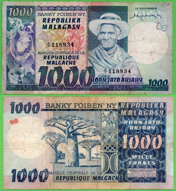 Madagascar 1000 Francs 1974, P-65 Fine