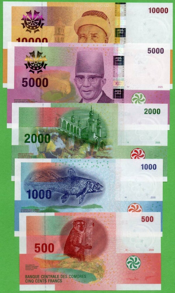 Comoros Set 500 to 10,000 Francs 2005 Unc