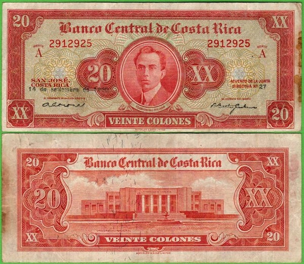 Costa Rica 20 Colones 1960, P-222 XF