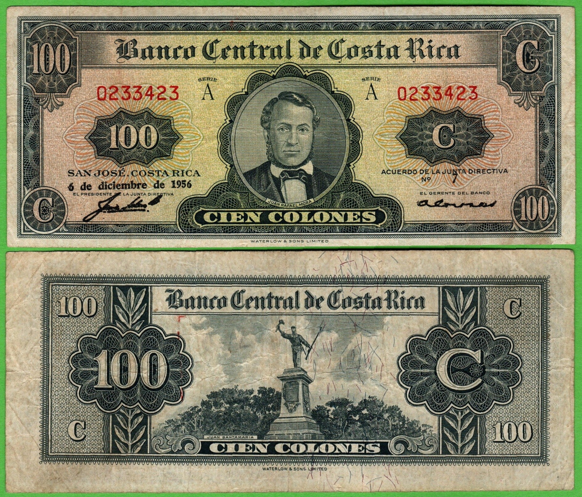 Costa Rica 100 Colones 1956, P-224A15 PrefixA XF