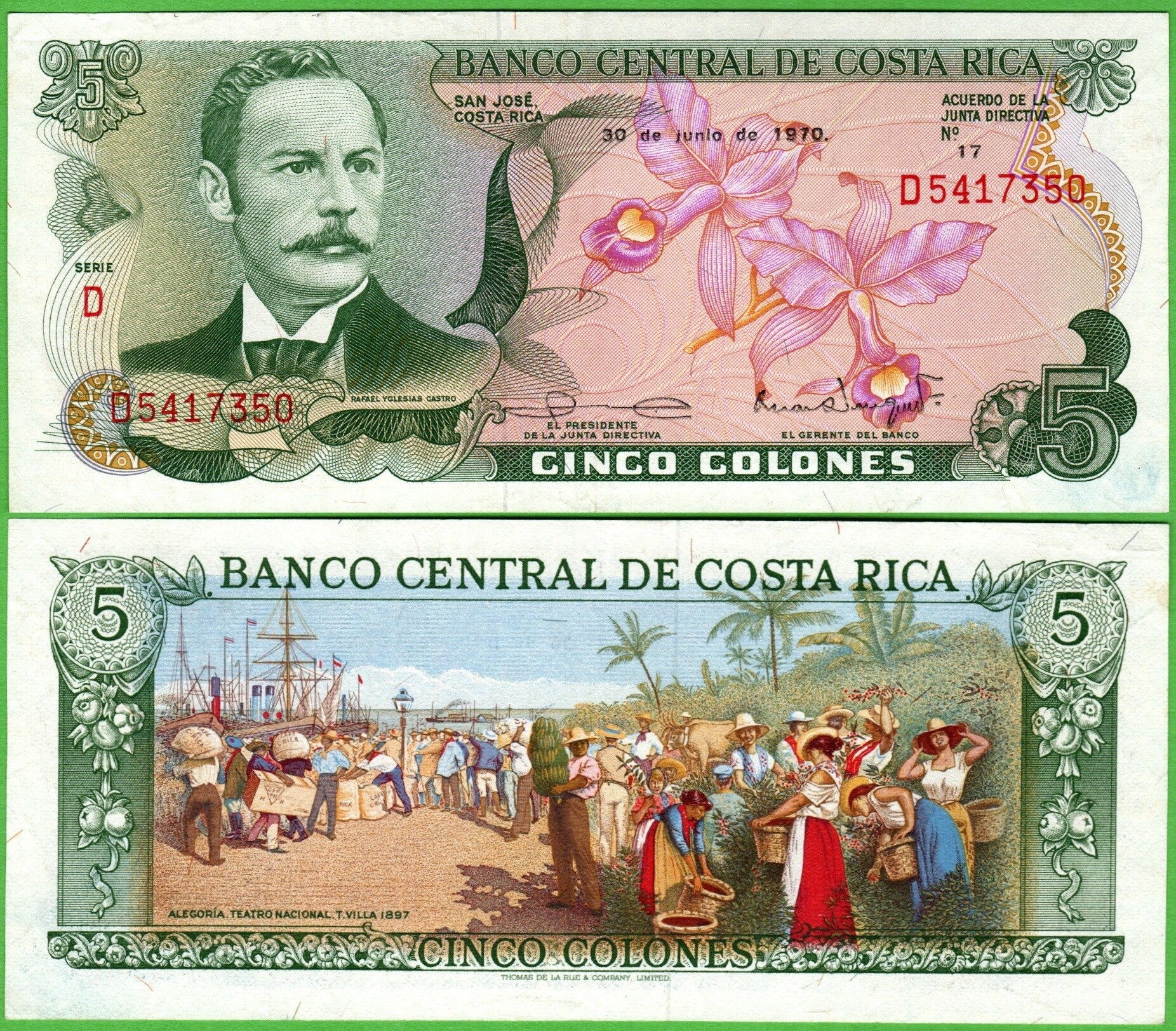 Costa Rica 5 Colones 1970, P-236D Unc