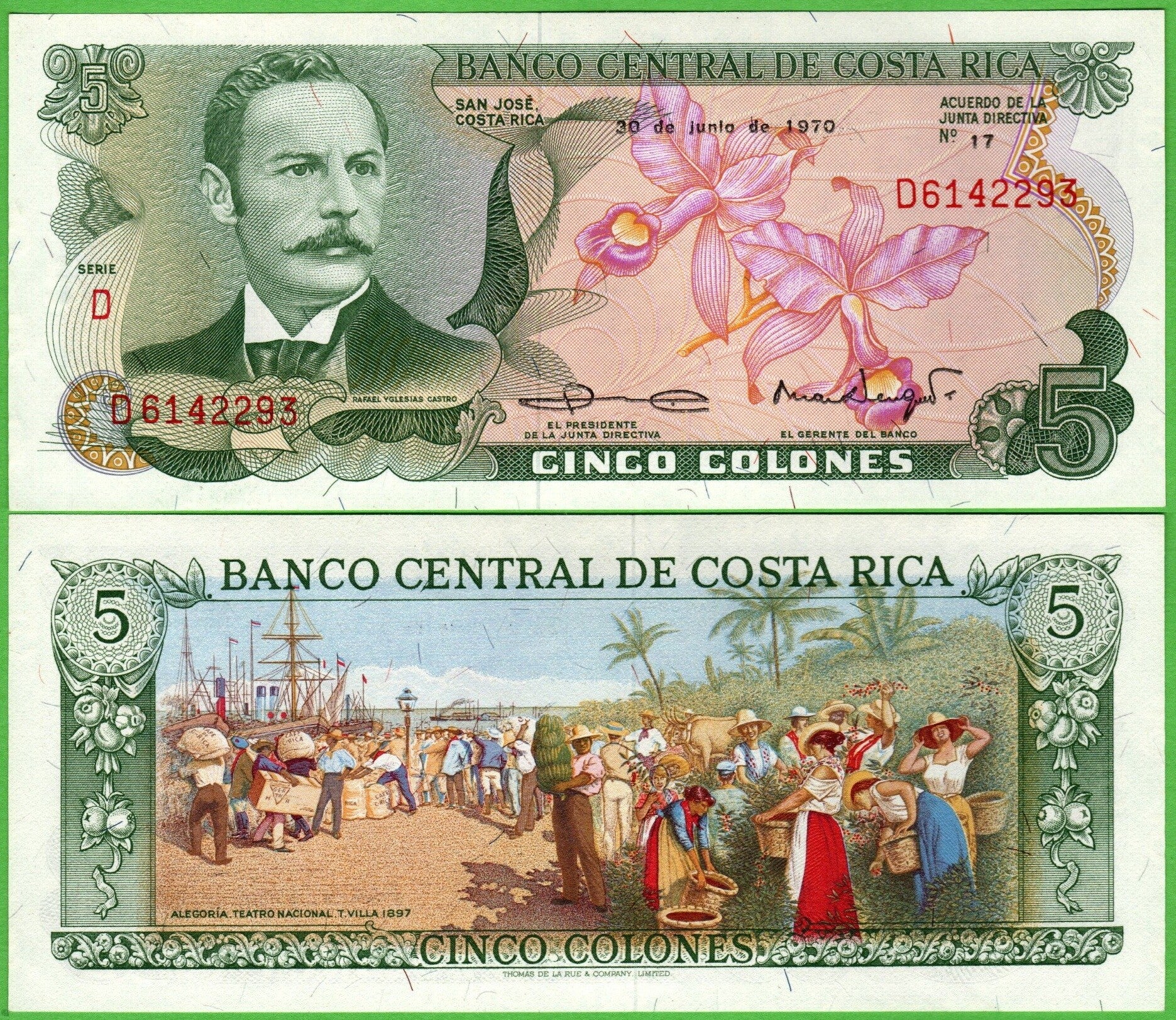 Costa Rica 5 Colones 1970, P-236D Unc