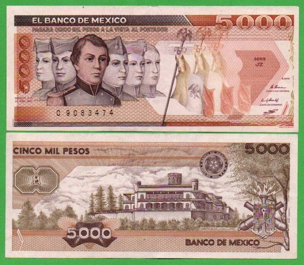 Mexico 5000 Pesos 1987, Prefix-JZ P-88bn  Auc