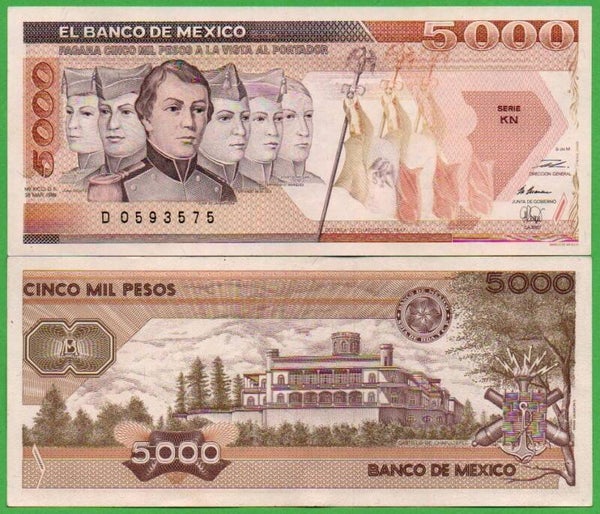 Mexico 5000 Pesos 1989, Prefix-KN P-88c  Auc