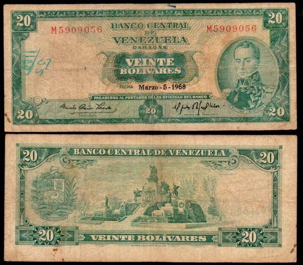 Venezuela 20 Bolivares 1968, P-46b Preix-M Circ