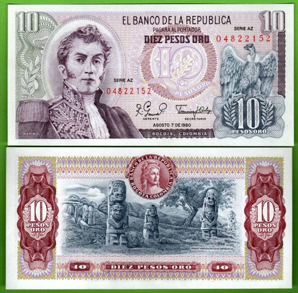 Colombia 10 Pesos 1980, P-407g2 Unc