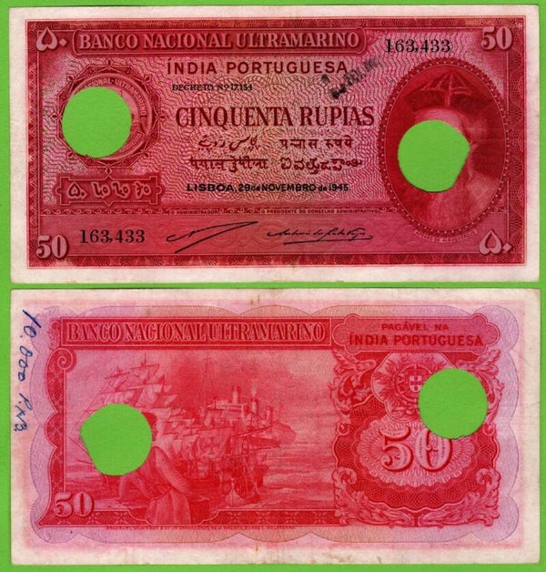 Indias Portuguesa 50 Rupias 1945 P-38a Raro XF