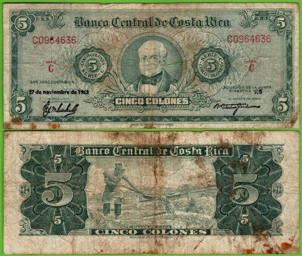 Costa Rica 5 Colones 1963, P-228a Prefix-C Fine