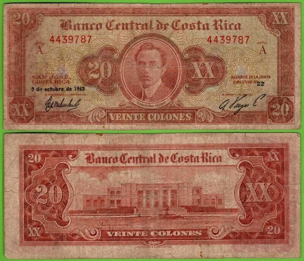 Costa Rica 20 Colones 1963, P-222c PRefix-A Fina