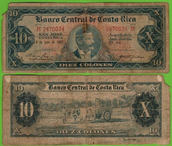 Costa Rica 10 Colones 1965, P-229 Prefix-B Circ