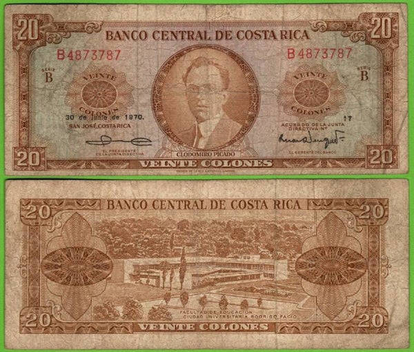 Costa Rica 20 Colones 1970, P-231a PRefix-B VF