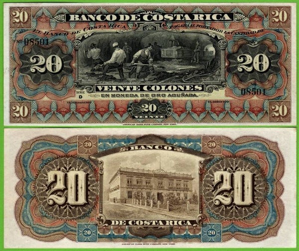 Costa Rica 20 Colones 1901, P-S175 Aunc (Mineros)