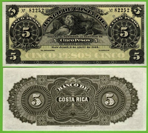 Costa Rica 5 Pesos 1899, P-s163 (león ) Unc