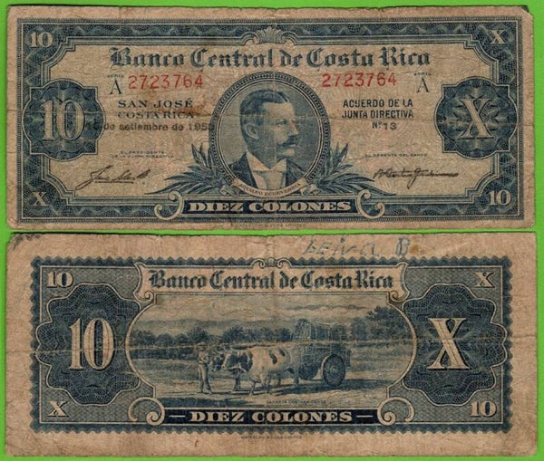 Costa Rica 10 Colones 1958, P-221c Prefix-A  Circ