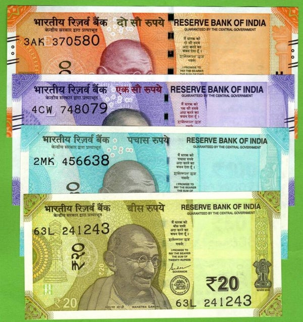 India Set 4 pcs 20-50-100-200 Rupees  Unc