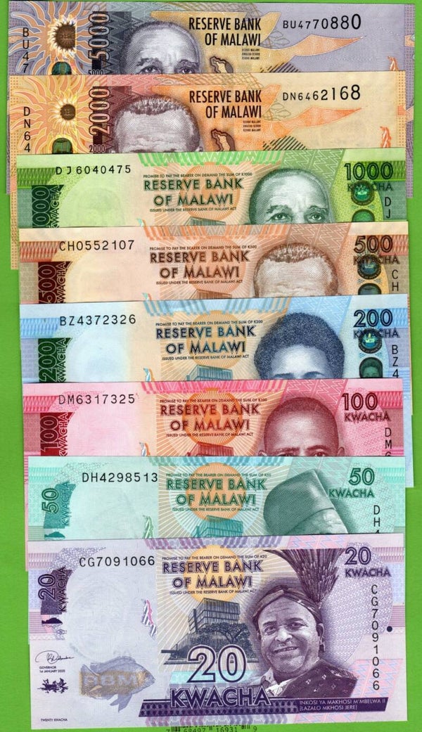 Malawi Set 8 Pcs 20-50-100-200-500-1000-2000-5000 Kwachas 2024 Unc