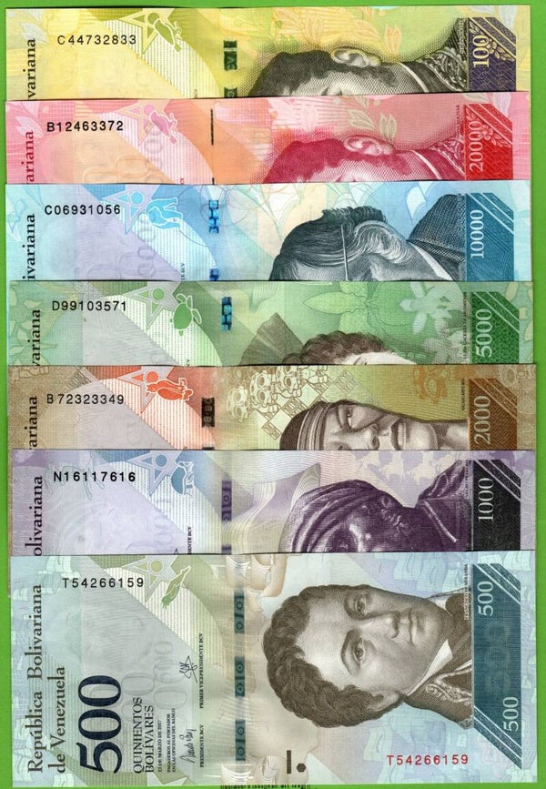 Venezuela Set 7 pcs 500 to 100,000 Bolivares Fuerte 2017 Unc