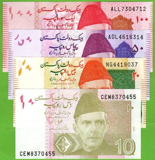 Pakistan Set 4 pcs 10.20,50,100 Rupees 2023-2025 Unc