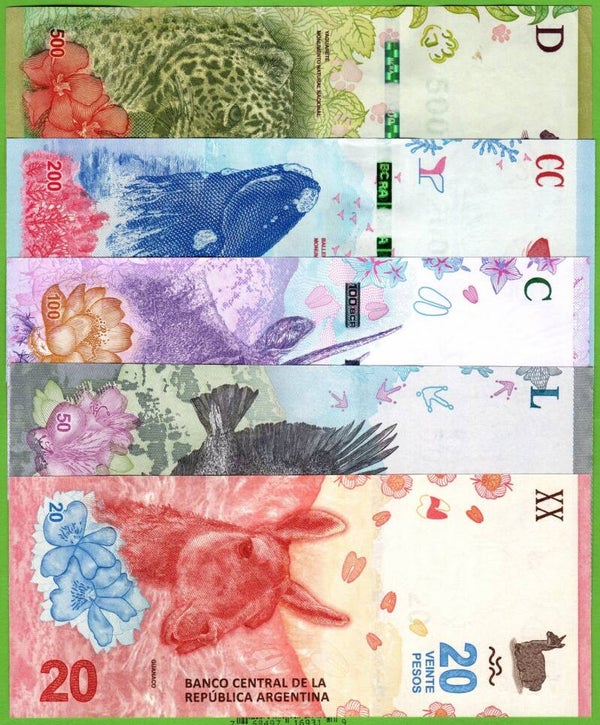 Argentina Set 5 Pcs 20,50,100,200,500 Pesos AUnc