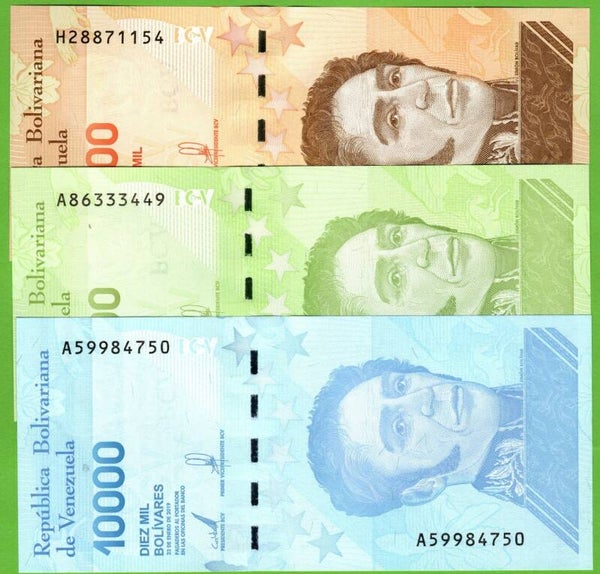 Venezuela Set 3 Pcs 10000,20000,50000 Bolivares Soberanos 2019, Unc