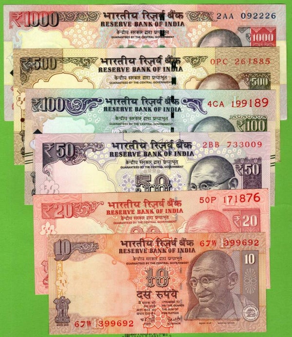 India Set 6 Pcs 10,20,50,100,500,1000 Rupees Unc