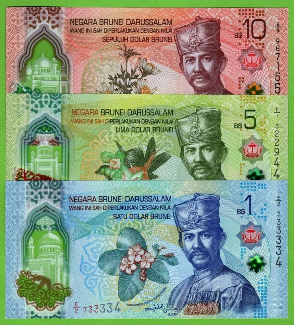 Brunei Set 3 Pcs 1,5,10 Dollar 2024 Unc