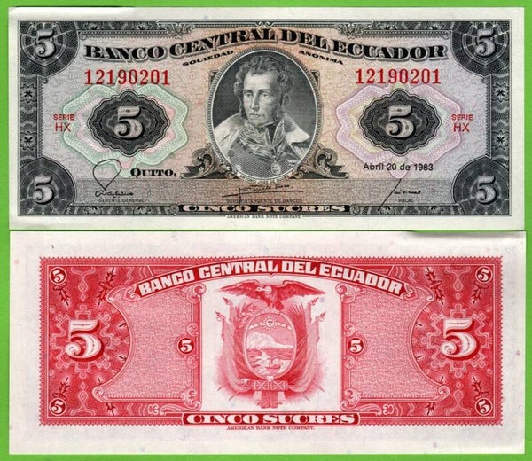 Ecuador 5 Sucres 1983, P-108b.2.1 Prefix-HX Unc