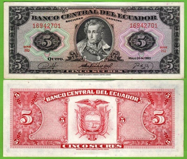 Ecuador 5 Sucres 1980, P-113c.2.6 Prefix-HU Aunc