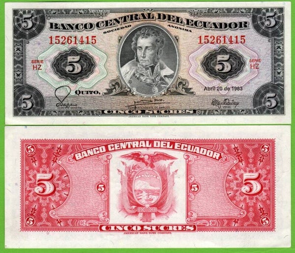Ecuador 5 Sucres 1983, P-108b.2.6 Prefix-HZ Unc