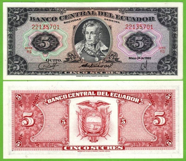 Ecuador 5 Sucres 1980, P-113c.2.6 Prefix-Hs Aunc