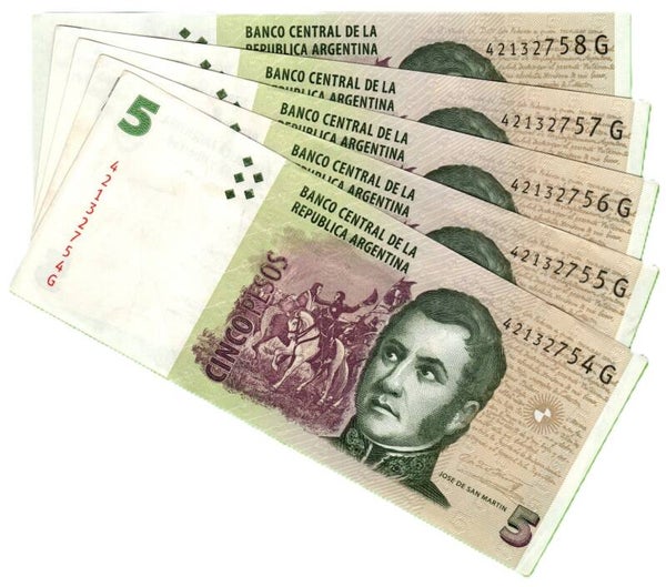 Argentina 5 PEsos 2003, P-353a(5)G PRefix-G Lote 5 Pcs Unc