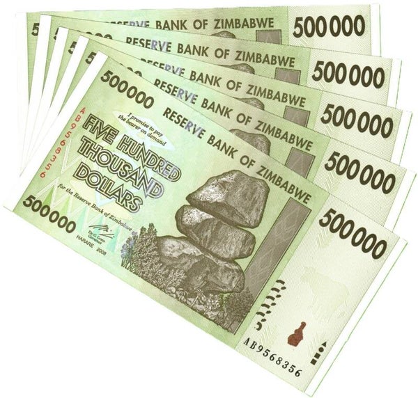 Zimbabwe 500,000 dólares 2008 P-76a, Lote 5 Pcs  UNC