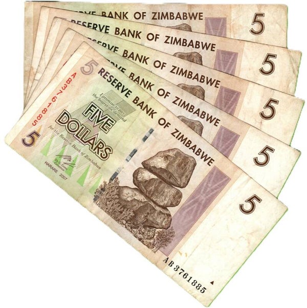 Zimbadwe 5 Dollar 2007, P-66 Lote 5 Pcs Aunc