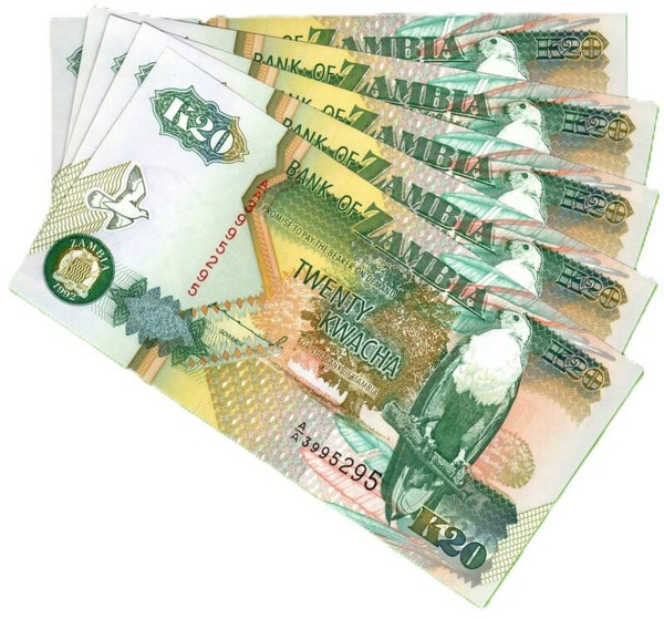 Zambia 20 Kwachas 1992, P-36 Lote 5pcs  Unc