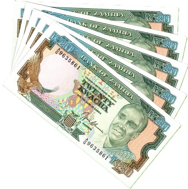 Zambia 20 Kwachas 1991, P-32a Lote 5 Pcs Unc