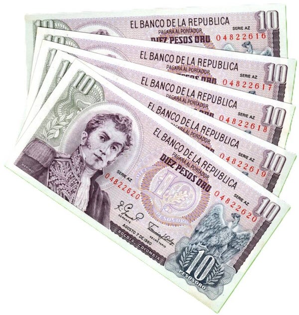 Colombia 10 Pesos 1980, P-407g2 Lote 5 Pcs Unc