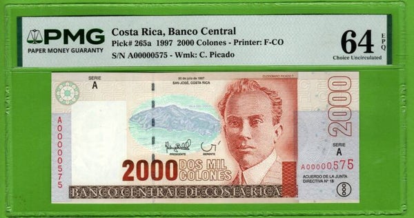 Costa Rica 2000 colones 1997, P-265a Serie baja A00000575 PMG 64