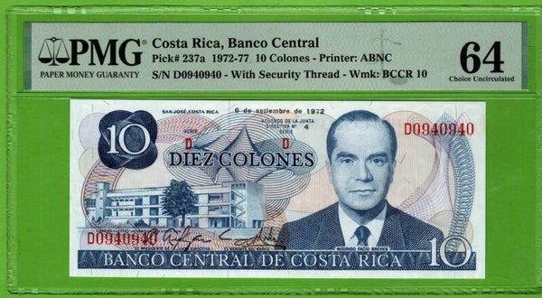Costa Rica 10 Colones 1972, P-237a Unc PMG64