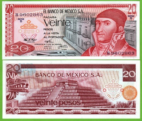Mexico 20 Pesos 1972, P-64a.1 Prefix-B Unc