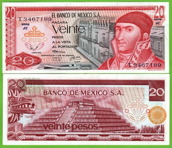 Mexico 20 Pesos 1973, P-64b.5 Prefix-AT Unc