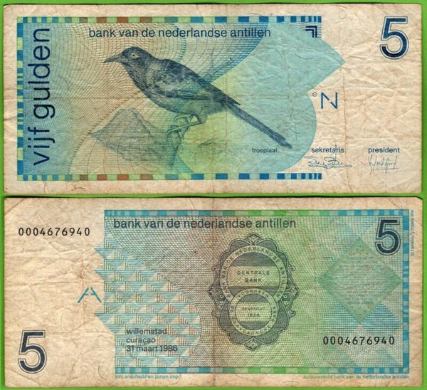 Antillas  Holandesas 5 Gulden 1986, P-22a Fina