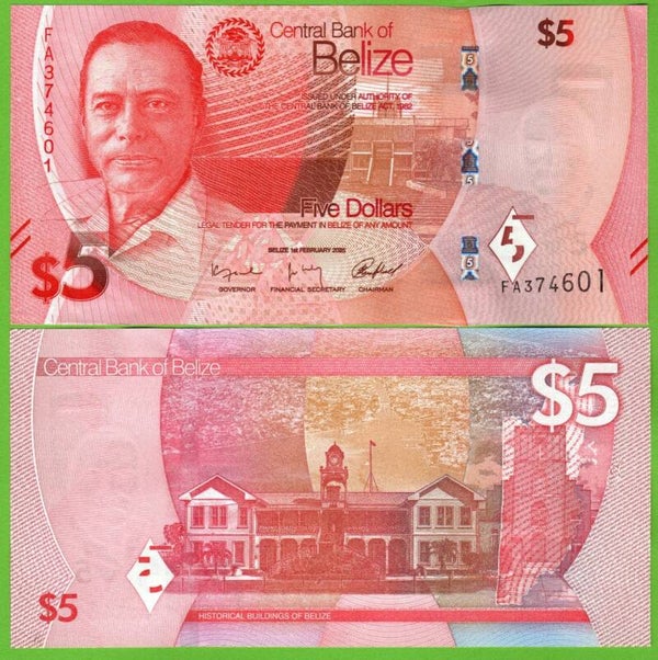 Belize 5 Dollar 2025, P-w74 Unc